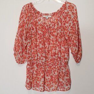 XXI Sheer Chiffon Floral Peasant Top; Smocked Waist; Size Medium
